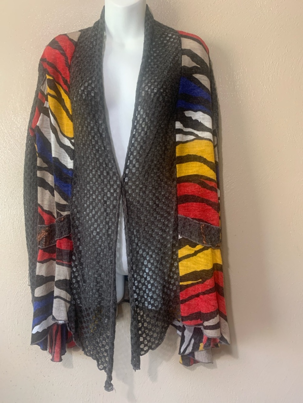 Ania A size M Black Asymmetrical Cardigan with Multicolor Stripes